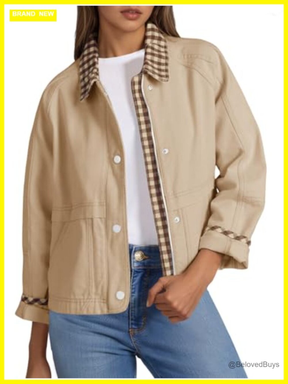 Women's Cropped Barn Jacket Plaid Collar Zip Up Lightweight 100% Cotton